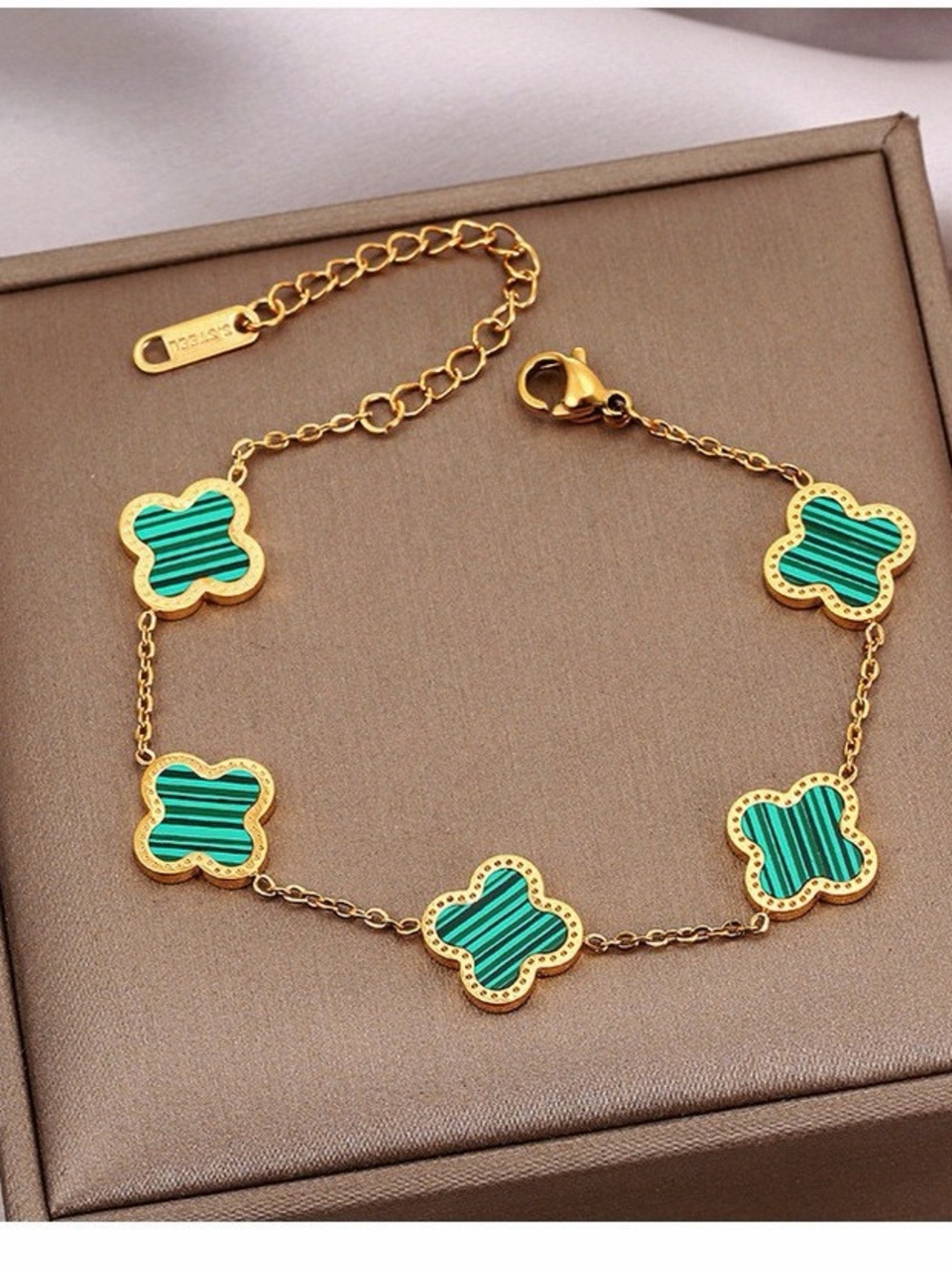 Gold Plated Stainless Steel Bracelet with Green Malachite Accent